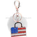 Fashion bag charm fur ball keychain with crystal America flag